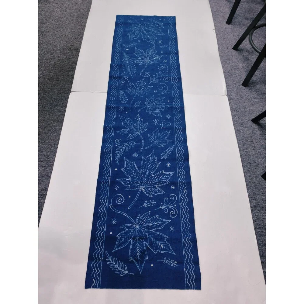 Handmade Indigo Batik Maple Leaf Table Runner, Natural Indigo Cotton Tea Mat